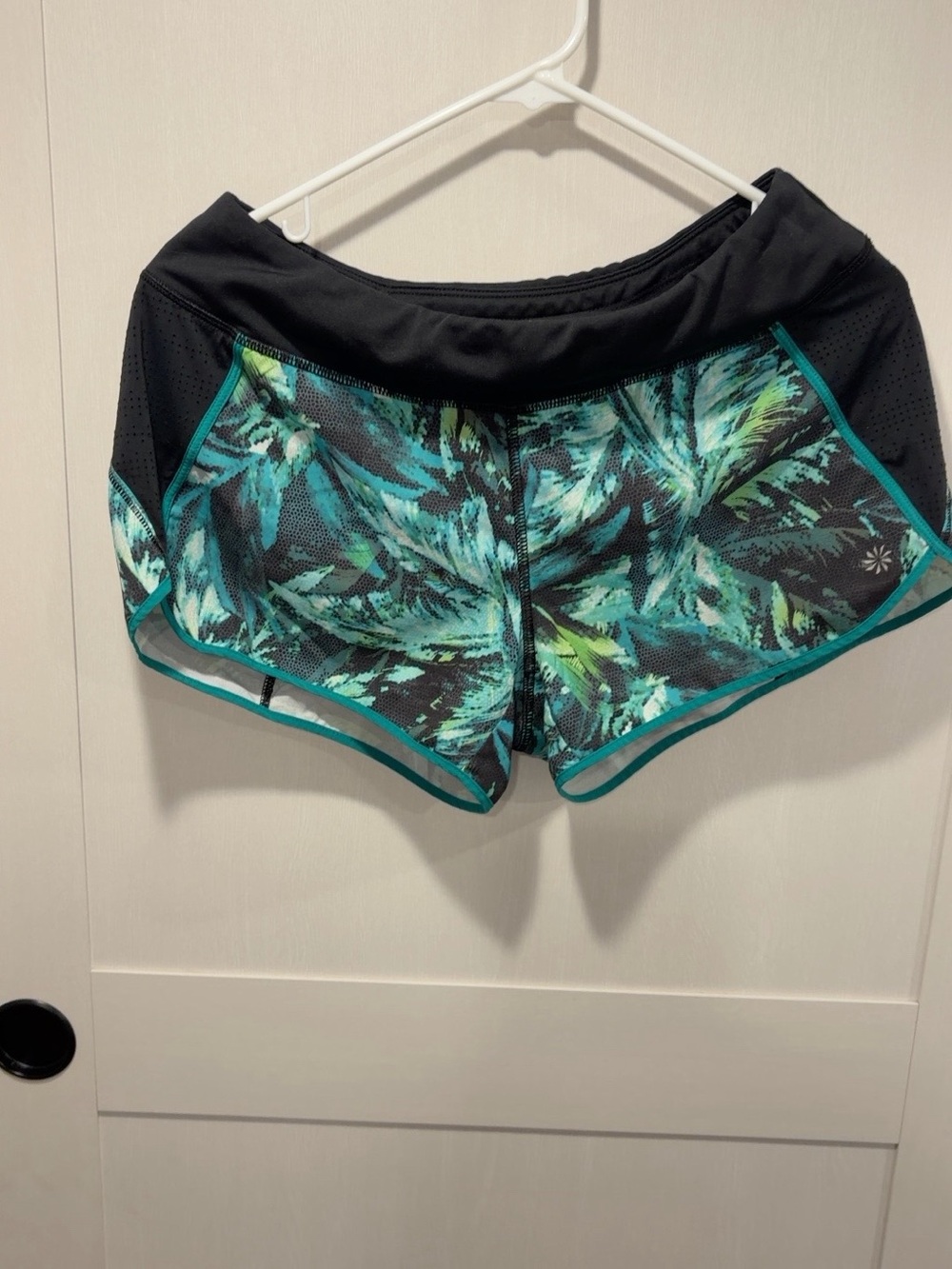 Athleta Black & Teal Tropical-Print Running Shorts with Liner 3.5” - Picture 2 of 5